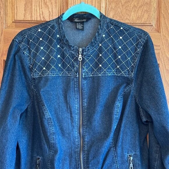 Baccini Women's Denim Jacket 1X Blue Rhinestone Zip-Up Long Sleeve Y2K - Picture 3 of 8